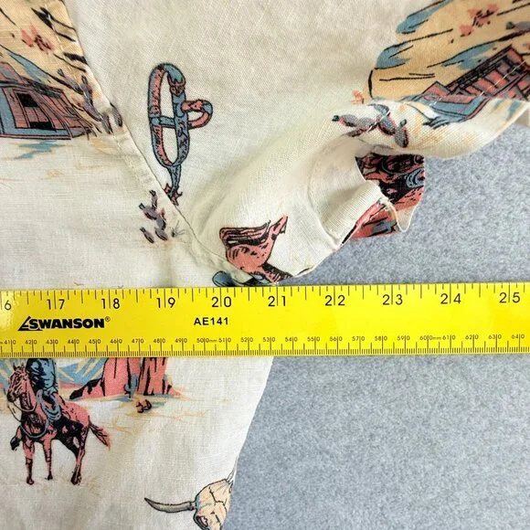 Sonoma Cowboy Print Camp Shirt Cream Linen Cotton Blend Short Sleeve Sz S - Picture 9 of 9